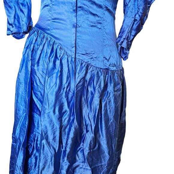 80s Size 8 Blue Formal Dress Gown‎ Prom Shiny Satin Assymetrical Puff Sleeve - Picture 10 of 14